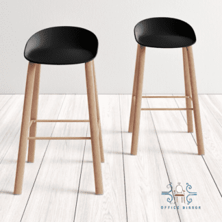 Bar stool with a plastic seat and natural beech wood legs.
